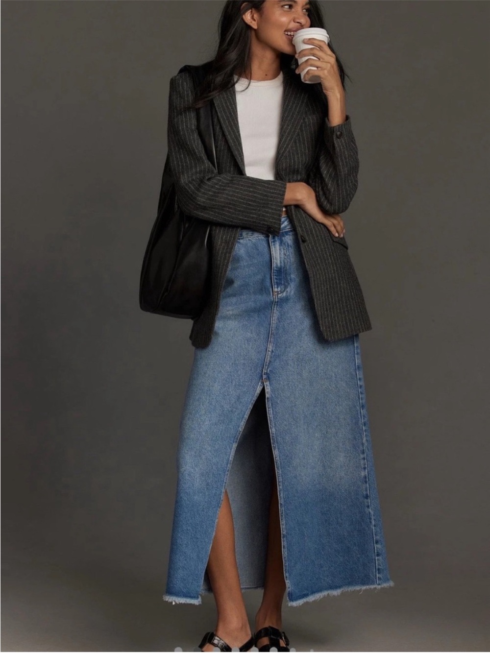 🌼 Pilcro Anthropologie High-Waist Blue Denim Maxi Skirt with Front Slit size 2 - Picture 4 of 13
